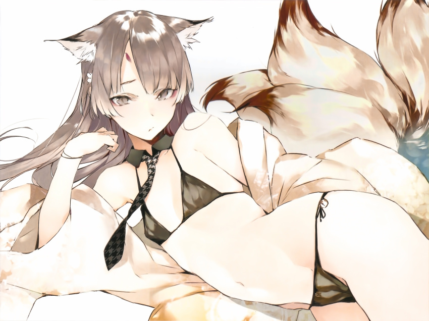 1girl absurdres animal_ears bikini black_bikini brown_eyes brown_hair cropped detached_collar eyeliner flat_chest fox_ears fox_tail frown highres houndstooth long_hair lying makeup multiple_tails navel necktie off_shoulder on_side original scan shunsei_(muratou) side-tie_bikini solo swimsuit tail wristband