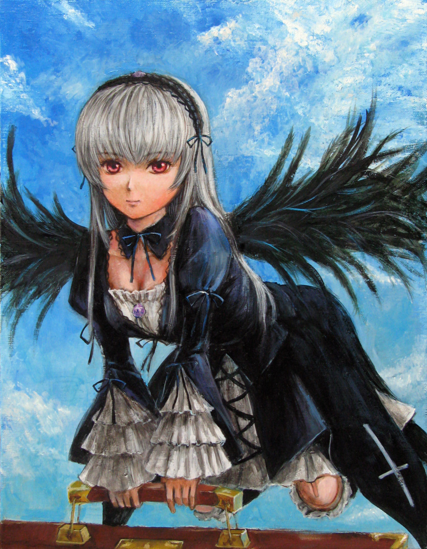 breasts briefcase choker cleavage doll_joints dress frills hairband highres long_hair purple_eyes rozen_maiden silver_hair suigintou suitcase tafuto traditional_media violet_eyes wings