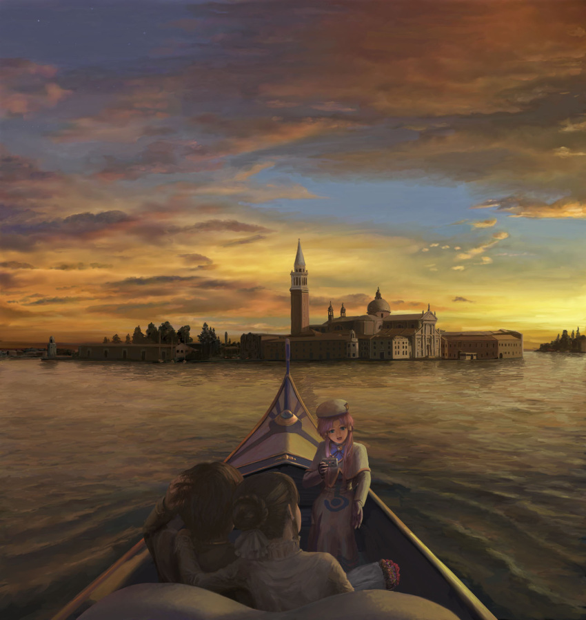 boat camera cityscape cloud clouds evokid flower hat highres mizunashi_akari pink_hair scenery sky sunset venezia venice