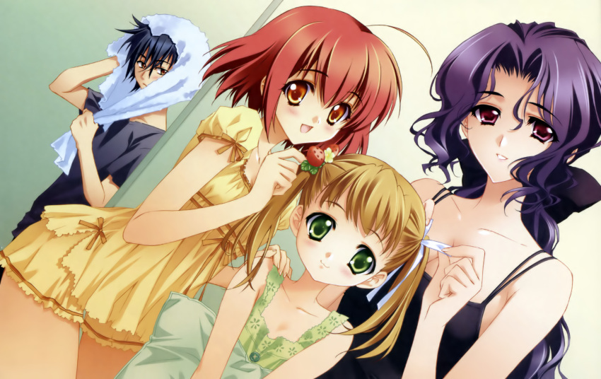 absurdres ahoge black_hair blonde_hair blush breasts carnelian cleavage eiji_nayuta elena_nayuta green_eyes highres long_hair open_mouth pillow purple_eyes purple_hair red_hair redhead short_hair testament_sphere towel twintails violet_eyes yellow_eyes