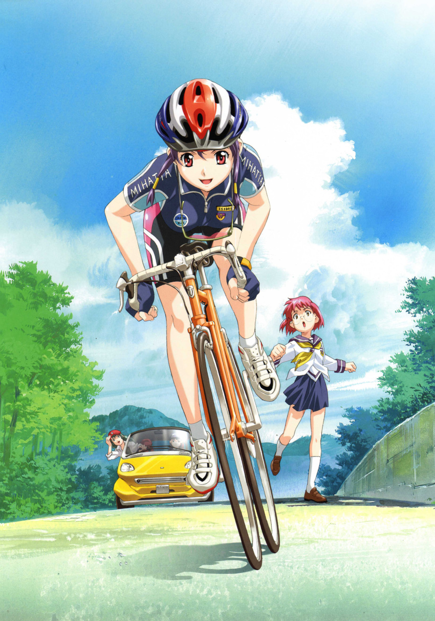 :d :o age_difference aqua_hair artbook baseball_cap bent_over bicycle bike_shorts black_hair car cloud flat_chest glasses gloves hair_tubes happoubi_jin hat helmet highres ishibashi_tsubame kneehighs leaning loafers long_hair looking_at_viewer maruishi_otona motor_vehicle mountain multiple_girls nature official_art open_mouth outdoors payot pink_hair pleated_skirt purple_hair red_eyes running scan school_uniform separate_blue serafuku shadow shoes short_hair skirt sky smile sneakers socks sunglasses sunglasses_around_neck sunglasses_removed surprised sweet_body tree tsunoda_hiwako tsurudo_misui vehicle white_legwear yellow_eyes zipper