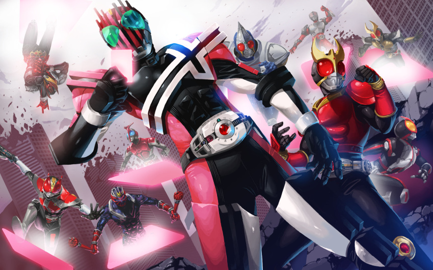 card_with_aura city highres holding holding_card kamen_rider kamen_rider_555 kamen_rider_agito kamen_rider_agito_(series) kamen_rider_blade kamen_rider_blade_(series) kamen_rider_dcd kamen_rider_decade kamen_rider_den-o kamen_rider_den-o_(series) kamen_rider_faiz kamen_rider_hibiki kamen_rider_hibiki_(series) kamen_rider_kabuto kamen_rider_kabuto_(series) kamen_rider_kiva kamen_rider_kiva_(series) kamen_rider_kuuga kamen_rider_kuuga_(series) kamen_rider_ryuki kamen_rider_ryuki_(series) obui ruins