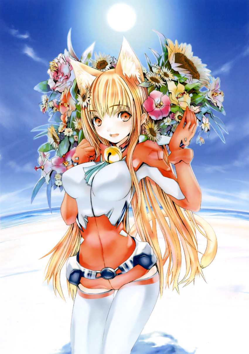 animal_ears asobi_ni_iku_yo! beach bell bell_collar blonde_hair collar eris_(asobi_ni_iku_yo!) flower highres houden_eizou jingle_bell jinglebell long_hair ocean red_eyes sky sun tail thigh-highs thighhighs