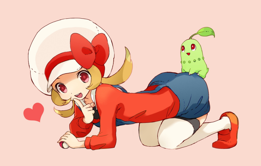 1girl :d all_fours cabbie_hat chikorita finger_to_mouth hat hat_ribbon heart holding holding_poke_ball kotone_(pokemon) open_mouth overalls poke_ball pokemon pokemon_(creature) pokemon_(game) pokemon_gsc pokemon_heartgold_and_soulsilver pokemon_hgss red_eyes red_ribbon ribbon saburou_03 smile solo twintails