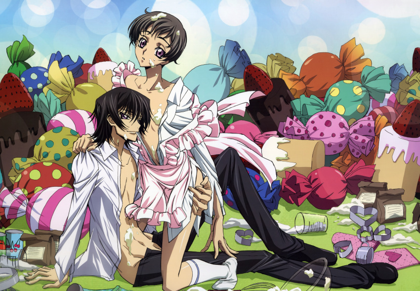 arm_support ass ass_grab black_hair bowl brown_hair cake can candy cherry code_geass cookie_cutters cream crossdressing crossdressinging dress dress_shirt food fruit heart highres hug huge_filesize icing kneeling leg_up lelouch_lamperouge male measuring_cup messy off_shoulder official_art open_clothes open_fly open_shirt oven_mitts pants pastry purple_eyes rolo_lamperouge sakou_yukie shirt shirt_grab shoes sitting smile socks spill strawberry sweets unzipped violet_eyes whisk yaoi
