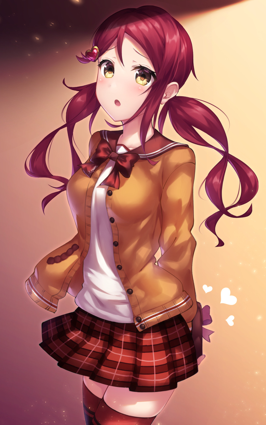 1girl alternate_costume alternate_hairstyle arms_behind_back breasts gift hair_ornament half_updo highres holding holding_gift kokkeina_budou long_hair long_sleeves looking_at_viewer love_live! love_live!_school_idol_festival love_live!_school_idol_project love_live!_sunshine!! medium_breasts open_mouth plaid plaid_skirt redhead sakurauchi_riko skirt thigh-highs twintails valentine yellow_eyes