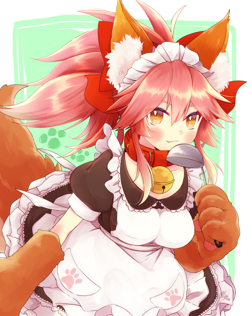 1girl animal_ears apron bell bell_collar blush breasts cat_paws closed_mouth collar collarbone dousho. fangs fate/extra fate/grand_order fate_(series) fox_ears fox_tail gloves hair_ribbon highres jingle_bell large_breasts long_hair looking_at_viewer maid_headdress paw_gloves paws pink_hair ponytail red_ribbon ribbon solo tail tamamo_(fate)_(all) tamamo_cat_(fate) tamamo_cat_(fate/grand_order) yellow_eyes
