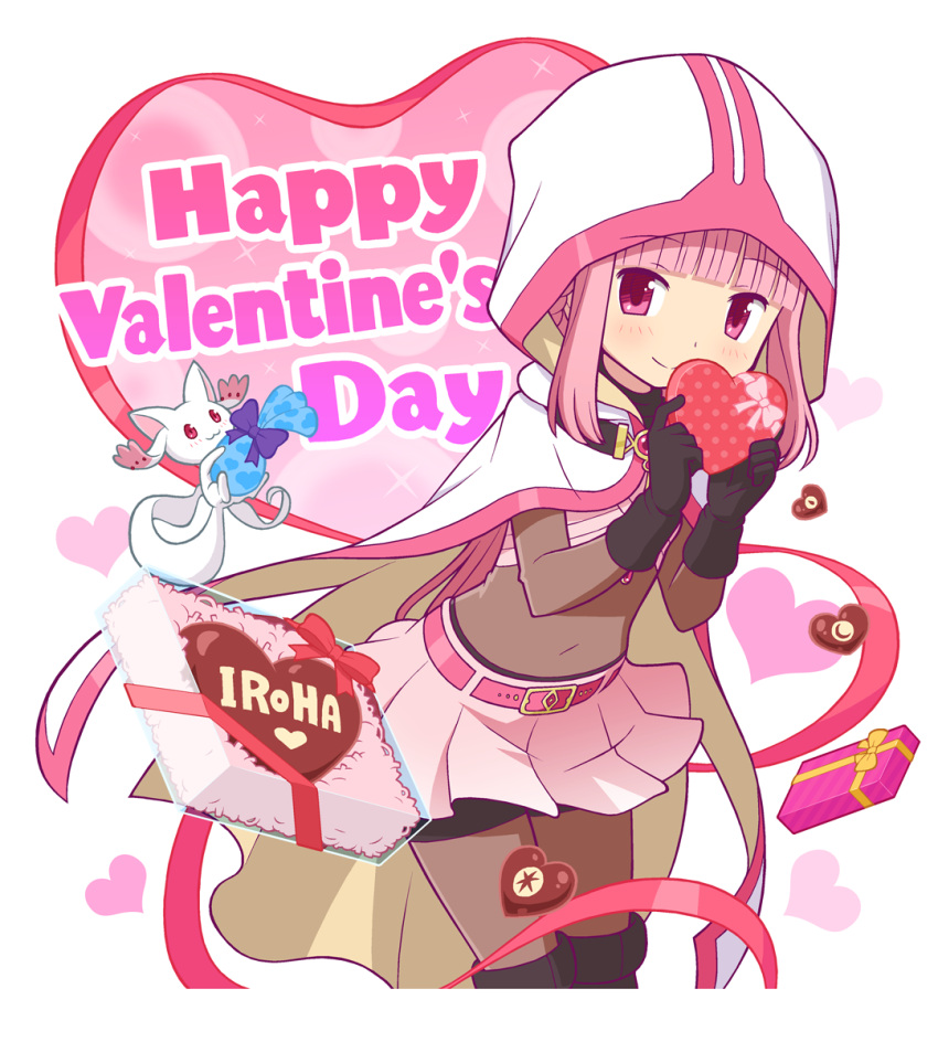 1girl :3 bag bangs belt belt_buckle black_footwear black_gloves black_shorts blunt_bangs bodystocking boots bow box buckle cape character_name chocolate_hair closed_mouth covered_navel cowboy_shot creature eyebrows_visible_through_hair floating gecchu gem gloves happy_valentine heart heart_background heart_print highres holding holding_box hood hood_up kyubey leaning_forward looking_at_viewer magia_record:_mahou_shoujo_madoka_magica_gaiden mahou_shoujo_madoka_magica pink_eyes pink_hair pink_skirt polka_dot red_bow red_eyes shorts shorts_under_skirt skin_tight skirt smile solo standing tamaki_iroha tareme thigh-highs thigh_boots transparent two-handed valentine white_cape