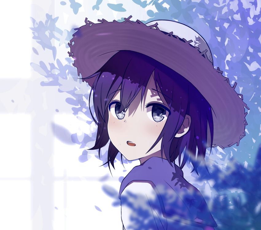 1girl :o bangs blurry blurry_foreground blush brown_hat bush capelet depth_of_field eyebrows_visible_through_hair from_side grey_eyes hat highres looking_at_viewer looking_to_the_side nagisa_(cxcx5235) open_mouth original purple_hair short_hair solo straw_hat tareme two-tone_background upper_body