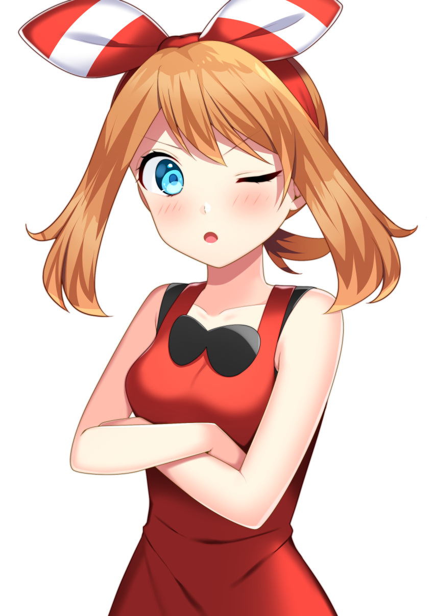 1girl absurdres blue_eyes blush brown_hair collarbone crossed_arms hair_ribbon hairband haruka_(pokemon) haruka_(pokemon)_(remake) highres long_hair looking_at_viewer one_eye_closed open_mouth pokemon pokemon_(game) pokemon_oras red_hairband red_shirt ribbon shirt simple_background sleeveless sleeveless_shirt solo standing striped striped_ribbon twintails upper_body white_background yuihiko