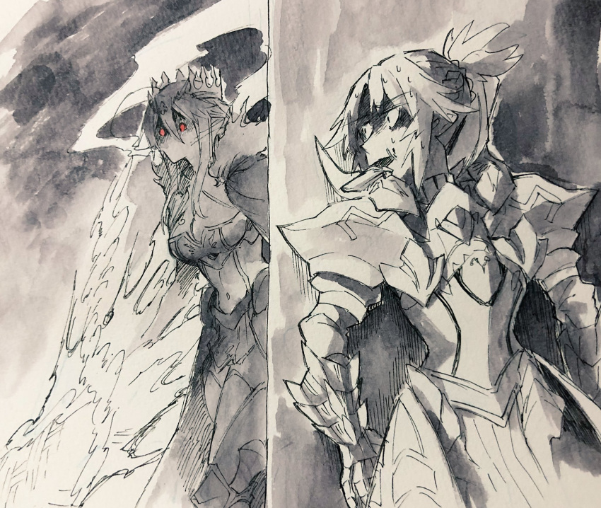 2girls armor artoria_pendragon_(all) artoria_pendragon_(lancer) bangs braid breasts cape chocolate_bar cleavage commentary crown fate/apocrypha fate/grand_order fate_(series) food_in_mouth french_braid fur-trimmed_cape fur_trim gauntlets greyscale hair_between_eyes hair_ornament hair_scrunchie highres lance monochrome mordred_(fate) mordred_(fate)_(all) multiple_girls polearm ponytail red_eyes rhongomyniad scrunchie shaded_face sidelocks smoke spot_color sweat swept_bangs takatsuki_nato walking wall weapon