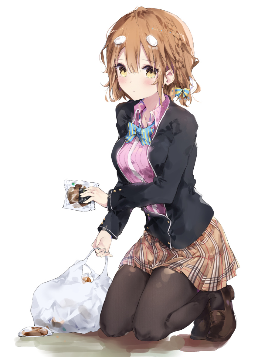 1girl bag black_blazer black_legwear blush bow bowtie breasts brown_footwear brown_hair closed_mouth collared_shirt eyebrows_visible_through_hair full_body hair_between_eyes hair_bow highres holding_bag kneeling koiwai_yoshino long_sleeves looking_at_viewer masamune-kun_no_revenge medium_breasts pantyhose pink_shirt plaid plaid_skirt plastic_bag school_uniform shirt shoes short_hair simple_background skirt solo tearing_up tiptoes tr_(hareru) white_background yellow_eyes