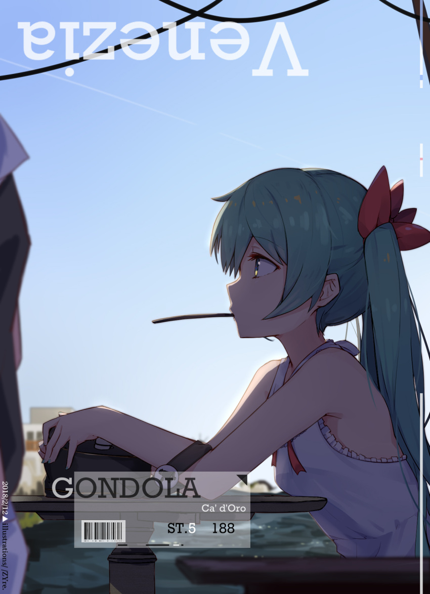 1girl aqua_hair artist_name bag bangs barcode bare_arms bare_shoulders blue_sky blurry blurry_background dated day depth_of_field eyebrows_visible_through_hair frilled_shirt frills from_side green_eyes hair_ribbon hatsune_miku highres italian leaning_forward long_hair mouth_hold outdoors profile red_ribbon ribbon shirt sky sleeveless sleeveless_shirt solo table tareme twintails upper_body vocaloid water white_shirt zhayin-san