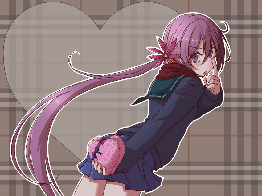 1girl :p akebono_(kantai_collection) bell black_sweater blue_skirt blush bow box brown_background brown_scarf cowboy_shot eyebrows_visible_through_hair finger_to_eye flower from_behind gift gift_box green_sailor_collar hair_bell hair_between_eyes hair_flower hair_ornament heart heart-shaped_box heart_background holding holding_box jingle_bell kantai_collection leaning_forward long_hair long_sleeves looking_at_viewer looking_back miniskirt outline pleated_skirt purple_bow purple_hair red_flower sailor_collar side_ponytail skirt solo standing sweater tongue tongue_out v-shaped_eyebrows valentine very_long_hair violet_eyes white_outline yuki_to_hana