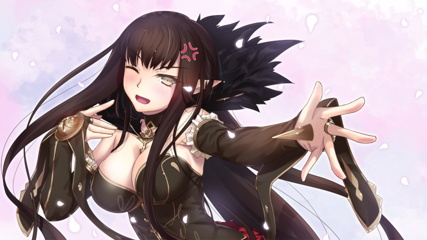 1girl anger_vein black_hair blush breasts bridal_gauntlets cleavage elbow_gloves fate/apocrypha fate_(series) fur_trim gloves large_breasts long_hair one_eye_closed open_mouth outstretched_hand petals pointy_ears semiramis_(fate) solo spike very_long_hair wince yellow_eyes yoshida_takuma