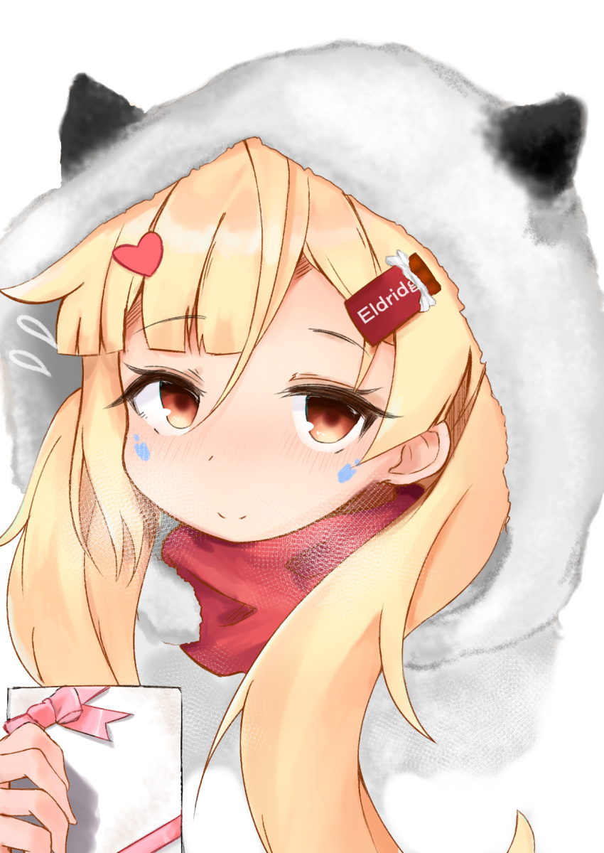 1girl ahoge animal_hood azur_lane bangs blonde_hair blush box brown_hair character_name closed_mouth commentary_request eldridge_(azur_lane) eyebrows_visible_through_hair facial_mark flying_sweatdrops gift gift_box hair_ornament heart_hair_ornament highres holding holding_gift hood hood_up long_hair looking_at_viewer nose_blush red_scarf revision sa_ka_(sakanoya) scarf simple_background smile solo valentine white_background