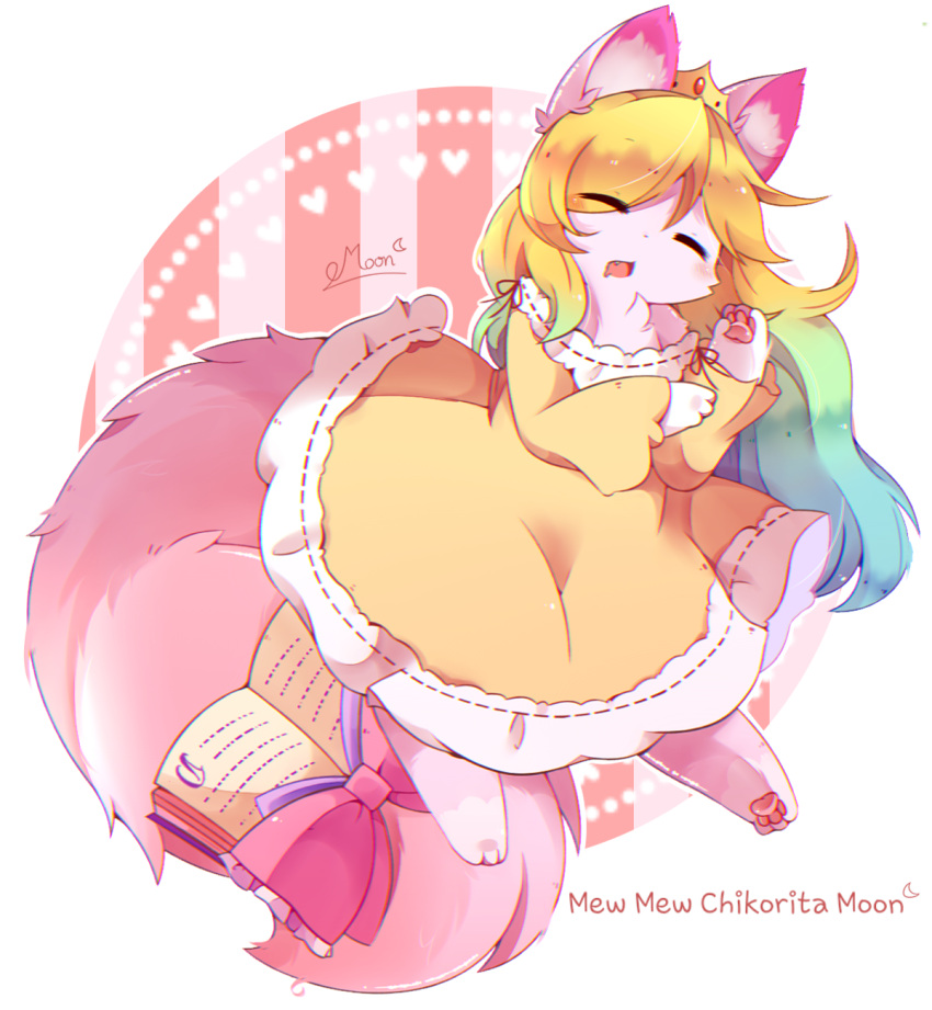 1girl animal_ears bare_shoulders blonde_hair book dress fur furry gradient_hair highres long_hair mew_mew_chikorita_moon multicolored_hair open_mouth ribbon sleeping solo tail yu-gi-oh!