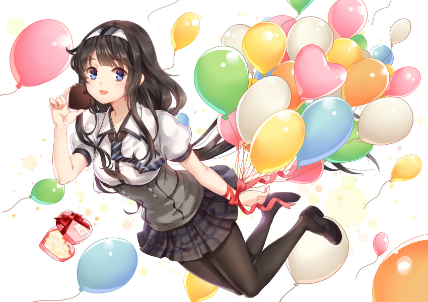 1girl :d absurdres balloon bangs black_footwear black_hair black_legwear black_neckwear black_skirt blue_eyes blush box breasts china_railway_girl chocolate chocolate_heart collared_shirt eyebrows_visible_through_hair food full_body hairband heart heart-shaped_box heart_balloon highres holding holding_food long_hair looking_at_viewer mary_janes medium_breasts miniskirt necktie open_mouth plaid plaid_skirt pleated_skirt puffy_short_sleeves puffy_sleeves red_ribbon ribbon shirt shoes short_sleeves sidelocks simple_background skirt smile solo striped_neckwear tareme valentine white_background white_hairband white_shirt wrist_ribbon yezhi_na