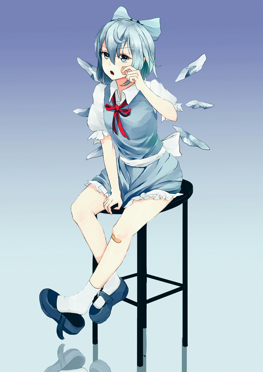 1girl absurdres arm_between_legs arm_up back_bow bandaid bangs blue_bow blue_dress blue_eyes blue_footwear blue_hair blue_wings bow cirno collared_shirt detached_wings dress eyebrows_visible_through_hair full_body gradient gradient_background hair_between_eyes hair_bow hand_to_own_mouth highres ice ice_wings large_bow legs_crossed mary_janes open_mouth peeling puffy_short_sleeves puffy_sleeves reflection shirt shoe_dangle shoes short_hair short_sleeves sitting socks solo stool tengyuan_pa_pa_zi touhou white_bow white_legwear white_shirt wing_collar wings