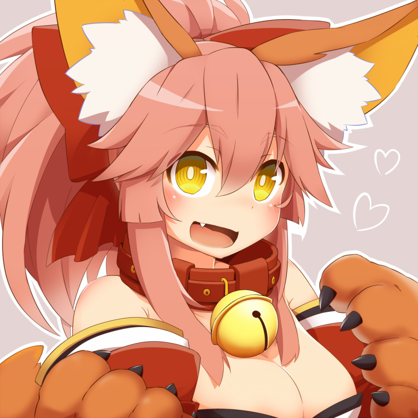 1girl animal_ears bell bell_collar blush breasts cat_paws cleavage collar collarbone fang fate/grand_order fate_(series) fox_ears gloves hair_ribbon heart highres hinotama_(hinotama422) jingle_bell large_breasts long_hair looking_at_viewer open_mouth paw_gloves paws pink_hair ponytail ribbon solo tamamo_(fate)_(all) tamamo_cat_(fate) tamamo_cat_(fate/grand_order) yellow_eyes