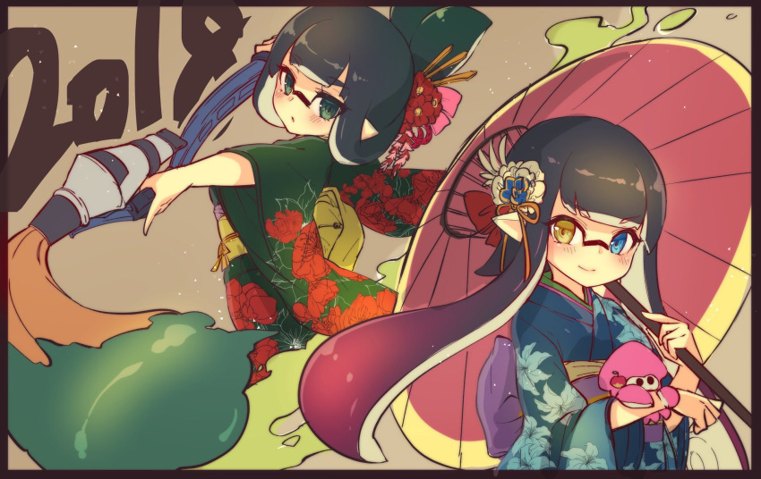 2018 2girls bangs black_hair black_kimono blue_eyes blue_kimono blunt_bangs closed_mouth commentary conomi-c5 domino_mask floral_print flower gradient_hair green_eyes green_hair hair_flower hair_ornament hair_up heterochromia highres holding holding_umbrella holding_weapon inkbrush_(splatoon) inkling japanese_clothes kimono long_hair looking_at_viewer looking_back mask multicolored_hair multiple_girls oriental_umbrella paint_splatter parted_lips pink_hair pointy_ears print_kimono smile splatoon squid standing stuffed_animal stuffed_toy tentacle_hair umbrella weapon wide_sleeves yellow_eyes