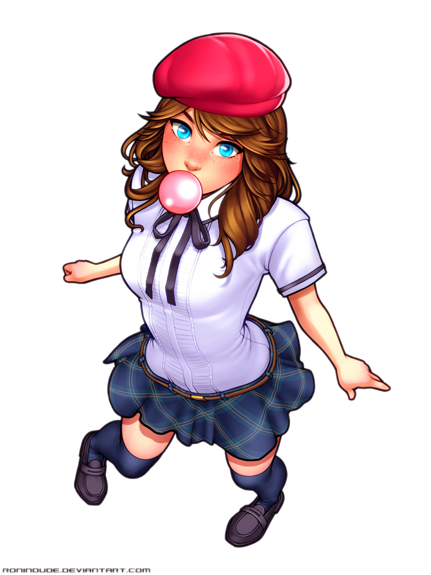 1girl absurdres belt beret borrowed_character breasts brooke_(mathias_leth) brown_hair bubble_blowing chewing_gum freckles from_above full_body hat highres long_hair mary_janes original over-kneehighs plaid plaid_skirt ronindude school_uniform shoes skirt small_breasts solo thigh-highs white_background