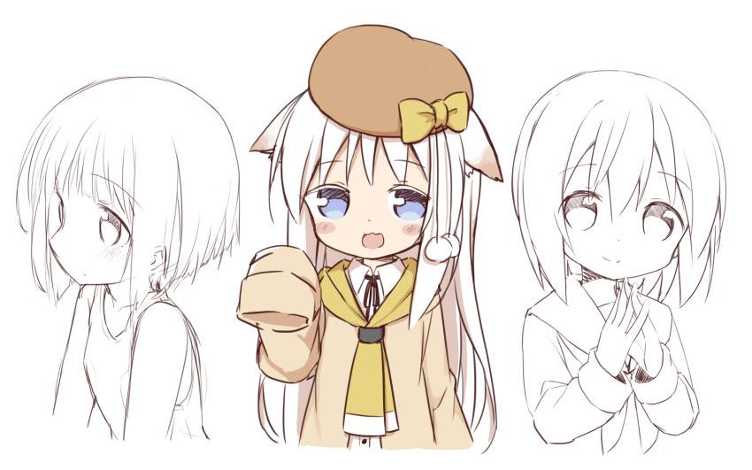 3girls :3 :d animal_ears ayanepuna bangs bare_shoulders beige_jacket beret blue_eyes blush_stickers bow brown_hat cat_ears closed_mouth comic dress_shirt ears_down eyebrows_visible_through_hair hair_between_eyes hat hat_bow highres interlocked_fingers jacket long_hair long_sleeves looking_at_viewer multiple_girls open_mouth original partially_colored pom_pom_(clothes) shirt sidelocks sleeves_past_fingers sleeves_past_wrists smile tank_top very_long_hair white_hair white_shirt yellow_bow yellow_neckwear