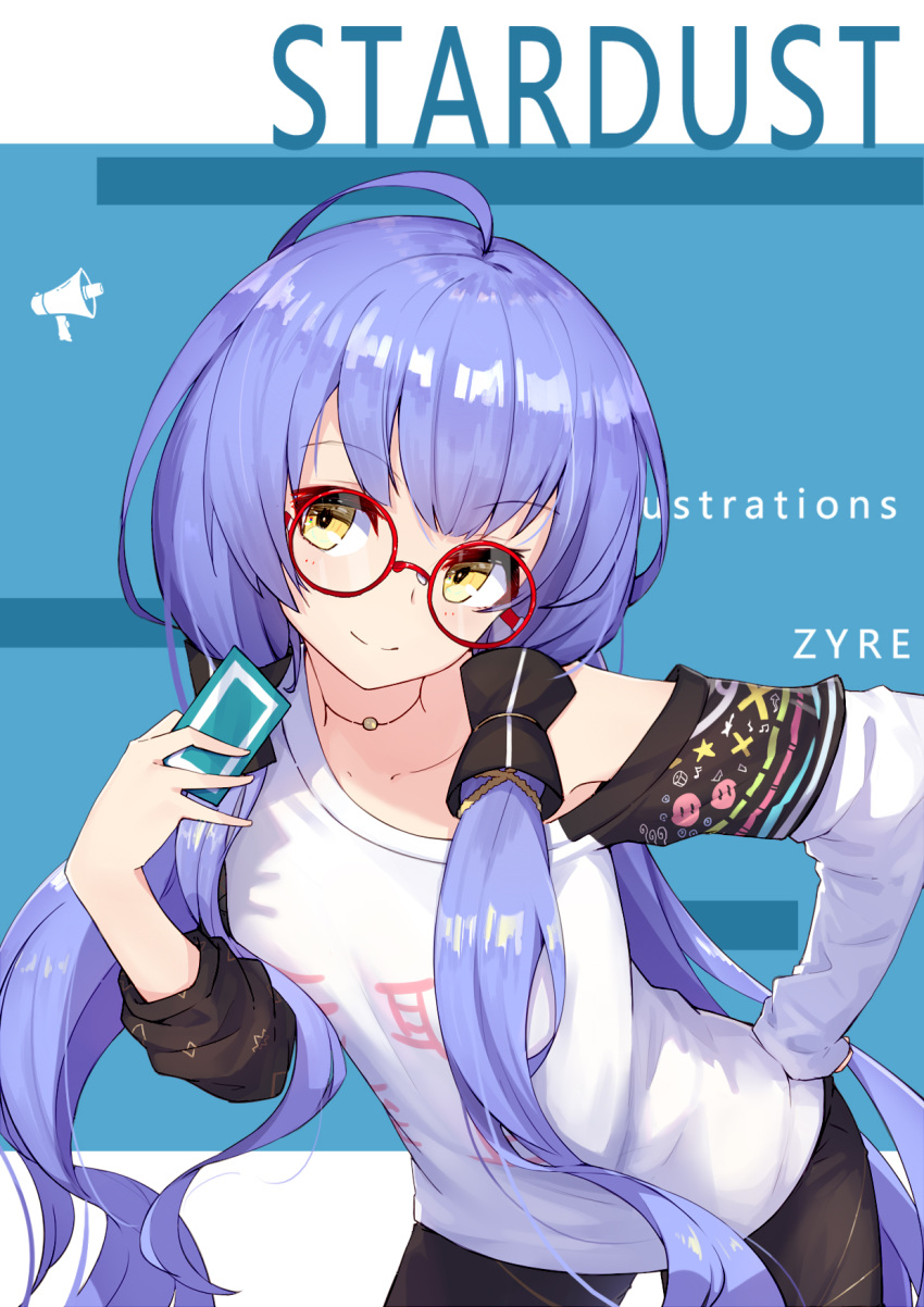 1girl ahoge artist_name black_pants blue_hair character_name collarbone eyebrows_visible_through_hair floating_hair hair_tubes hand_on_hip highres holding jewelry leaning_forward long_hair looking_at_viewer necklace off_shoulder pants red-framed_eyewear smile solo standing very_long_hair vocaloid white_hair xingchen yellow_eyes zhayin-san