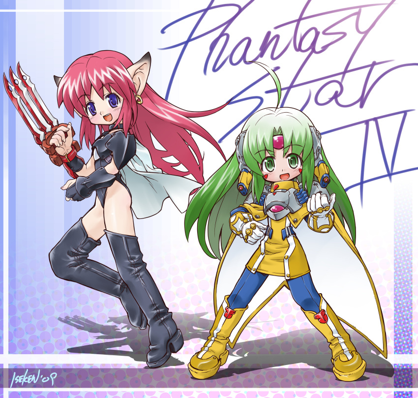 2girls :d absurdres ahoge android armor black_footwear black_leotard blue_eyes blue_legwear boots cape claws copyright_name dress fal_(phantasy_star) full_body furena gloves green_eyes green_hair highres isedaichi_ken knee_boots leotard long_hair looking_at_viewer multiple_girls open_mouth pantyhose phantasy_star phantasy_star_iv pink_hair pointy_ears shoulder_pads signature smile standing thigh-highs thigh_boots white_gloves yellow_dress yellow_footwear