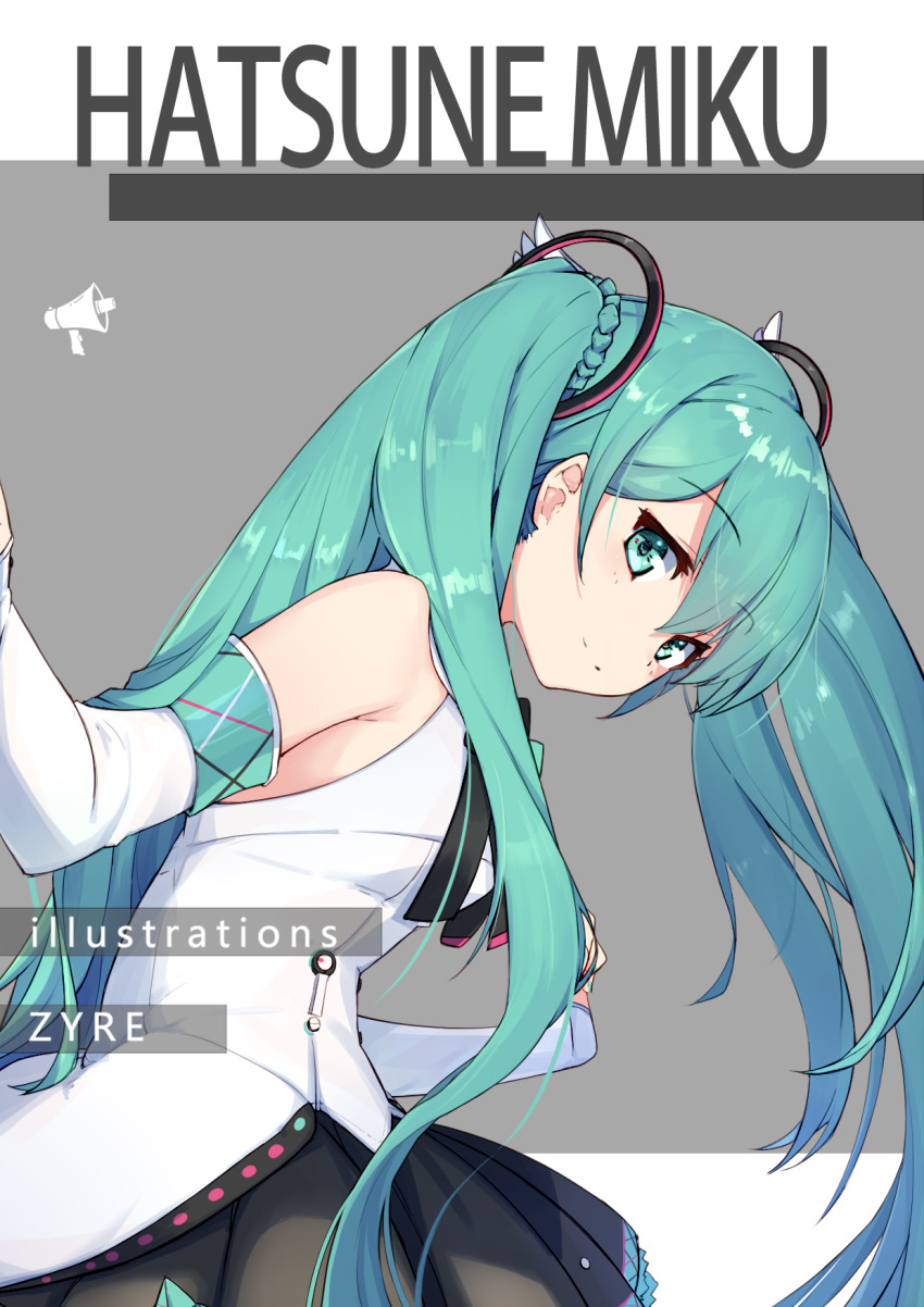 1girl artist_name black_skirt blue_eyes blue_hair character_name detached_sleeves eyebrows_visible_through_hair floating_hair hair_between_eyes hair_ornament hatsune_miku highres long_hair looking_at_viewer looking_back miniskirt pleated_skirt shirt skirt sleeveless sleeveless_shirt smile solo twintails very_long_hair vocaloid white_shirt zhayin-san