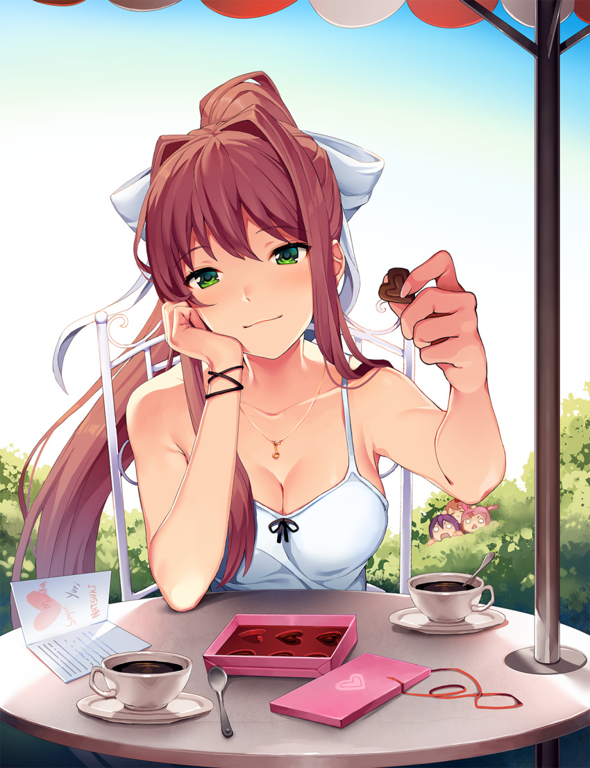 4girls bangs bare_shoulders blush bow box_of_chocolates breasts brown_hair bush camisole chair chin_rest chocolate cleavage commentary cup day doki_doki_literature_club eyebrows_visible_through_hair fingernails green_eyes greeting_card hair_bow hair_intakes heart highres holding_chocolate jewelry long_hair looking_at_viewer medium_breasts monika_(doki_doki_literature_club) multiple_girls natsuki_(doki_doki_literature_club) o_o official_art outdoors pendant ponytail ribbon satchely sayori_(doki_doki_literature_club) seductive_smile sitting smile spaghetti_strap surprised table tea teacup teaspoon umbrella valentine very_long_hair yuri_(doki_doki_literature_club)