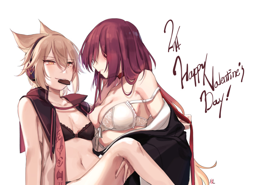 2girls bangs bare_shoulders black_bra black_kimono blonde_hair blush bra breasts chocolate chocolate_heart choker cleavage collarbone eyebrows_visible_through_hair faceless faceless_female front-hook_bra gradient_hair hair_between_eyes happy_valentine headphones heart heart_print highres hijiri_byakuren japanese_clothes kimono long_hair long_sleeves medium_breasts mouth_hold multicolored_hair multiple_girls navel off_shoulder open_clothes open_vest parted_lips purple_hair red_choker shan simple_background sitting small_breasts smile stomach strap_slip touhou toyosatomimi_no_miko tsurime underwear very_long_hair vest white_background white_bra wide_sleeves yuri