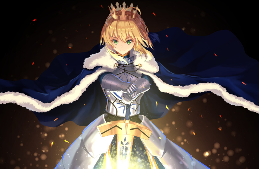 1girl armor armored_dress artoria_pendragon_(all) augu_(523764197) blonde_hair blue_cape cape cowboy_shot crown excalibur eyebrows_visible_through_hair fate/stay_night fate_(series) fur_trim gauntlets green_eyes holding holding_sword holding_weapon saber solo standing sword weapon