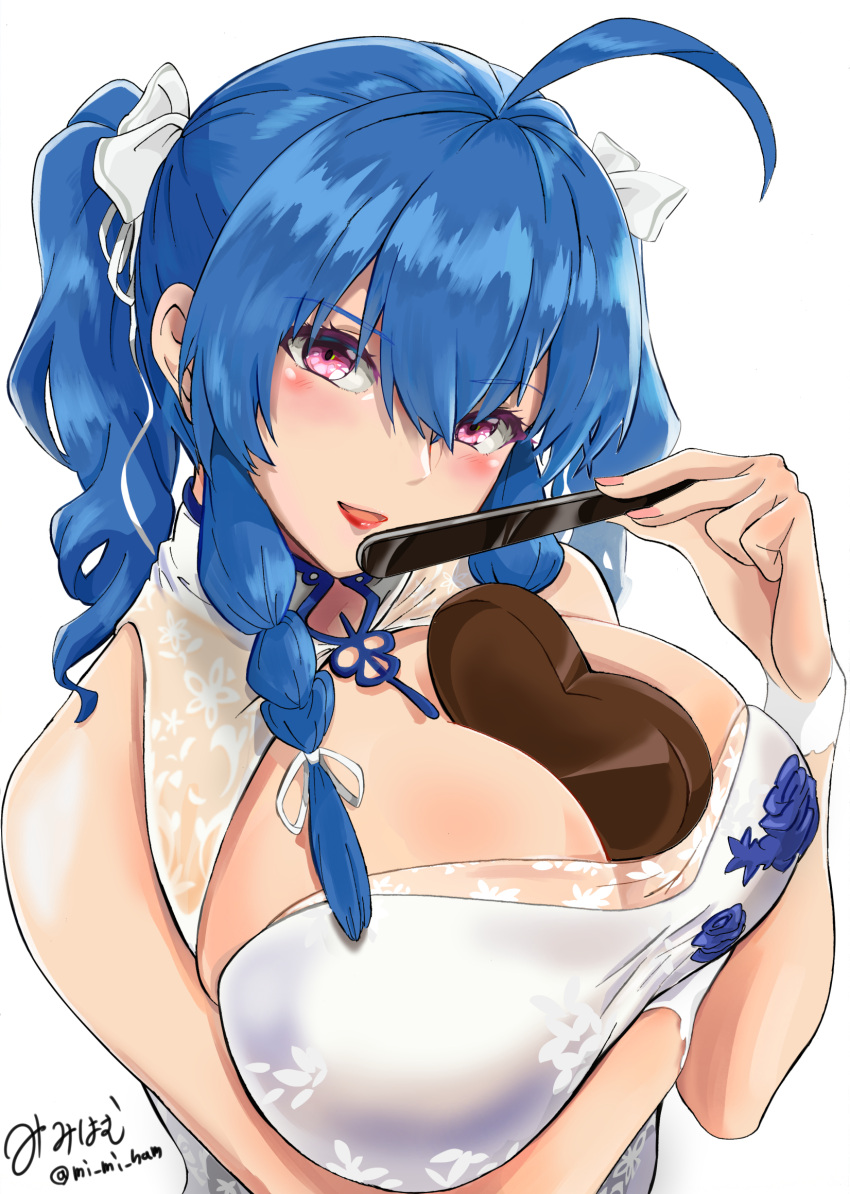 1girl ahoge azur_lane bangs bare_shoulders between_breasts blue_hair blush breast_hold breasts china_dress chinese_clothes chocolate chocolate_heart cleavage commentary_request dress eyebrows_visible_through_hair fan heart highres holding huge_breasts lips lipstick long_hair looking_at_viewer makeup mi_mi_ham open_mouth paper_fan shiny shiny_hair shiny_skin simple_background sleeveless smile solo st._louis_(azur_lane) valentine violet_eyes white_background