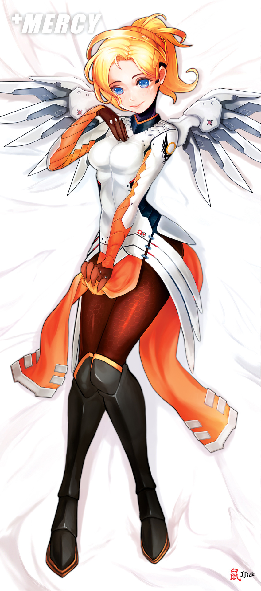 1girl absurdres artist_name bed_sheet blonde_hair blue_eyes bodysuit breasts brown_legwear character_name dakimakura emblem faulds full_body greaves hair_tie hand_on_own_chest high_ponytail highres jjickjjicke knees_together_feet_apart looking_at_viewer lying mechanical_halo mechanical_wings medium_breasts mercy_(overwatch) on_back overwatch pantyhose patch pelvic_curtain pelvic_curtain_lift short_hair signature smile solo swiss_flag white_background wings