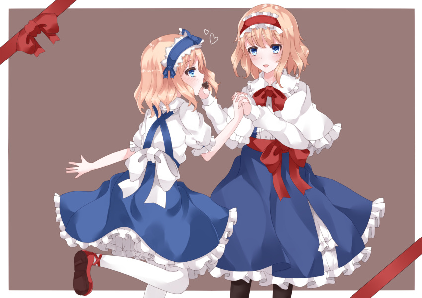 2girls :d alice_margatroid alice_margatroid_(pc-98) bangs black_legwear blonde_hair blue_dress blue_eyes blue_hairband blue_skirt bow brown_background center_frills chocolate chocolate_heart dress dual_persona eye_contact eyebrows_visible_through_hair frilled_dress frilled_hairband frilled_skirt frilled_sleeves frills hairband hand_holding heart interlocked_fingers leg_up lolita_hairband long_sleeves looking_at_another medium_hair mouth_hold multiple_girls nanatuki13 open_mouth pantyhose profile puffy_short_sleeves puffy_sleeves red_bow red_footwear red_hairband red_neckwear sash shiny shiny_hair shirt shoes short_sleeves simple_background skirt smile standing standing_on_one_leg tareme touhou touhou_(pc-98) white_bow white_capelet white_legwear white_shirt yuri