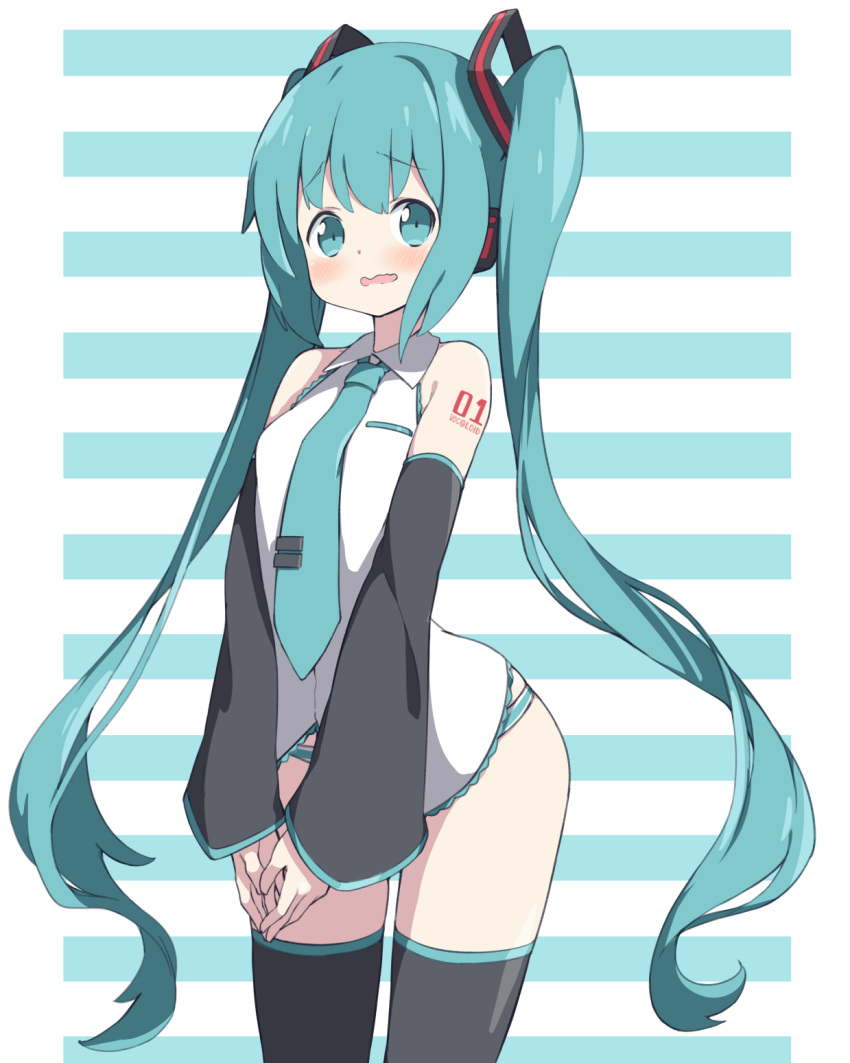 1girl aqua_eyes aqua_hair blush detached_sleeves hatsune_miku highres long_hair necktie no_pants panties relila solo striped striped_background striped_panties thigh-highs twintails underwear very_long_hair vocaloid wavy_mouth