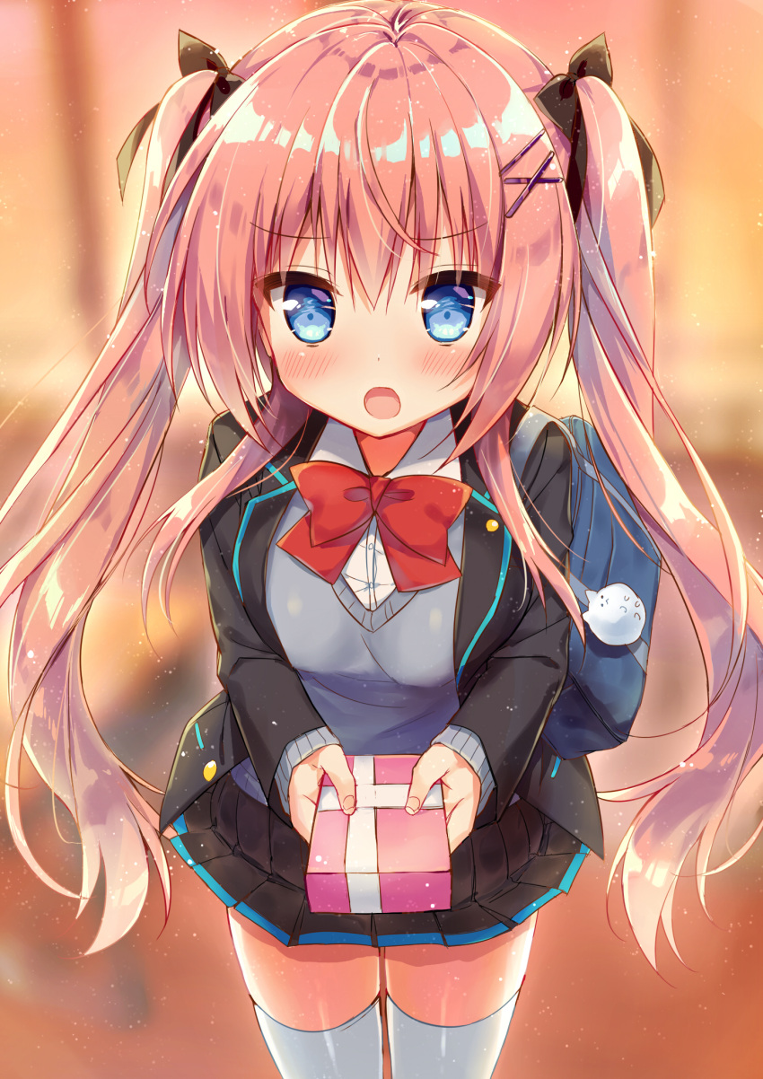 1girl bag blue_eyes blurry blush box commentary_request depth_of_field from_above gift gift_box giving hair_ornament hair_ribbon hairclip hairpin highres long_hair looking_at_viewer natsuki_marina open_mouth original pink_hair pleated_skirt ribbon school_bag school_uniform skirt solo thigh-highs twintails valentine white_legwear zettai_ryouiki