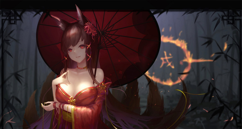 1girl akagi_(azur_lane) animal_ears azur_lane black_hair breasts choker cleavage closed_mouth fox_ears fox_tail hair_ribbon highres japanese_clothes kimono large_breasts long_hair looking_at_viewer multiple_tails off_shoulder oriental_umbrella red_eyes ribbon solo tail umbrella wangchuan_de_quanyan