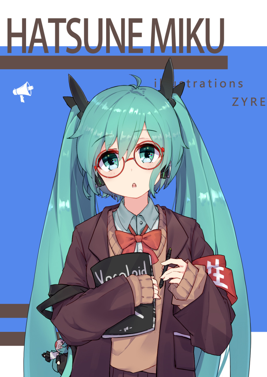 1girl armband artist_name black_jacket black_ribbon blue_eyes blue_hair book brown_sweater character_doll character_name copyright_name eyebrows_visible_through_hair hair_between_eyes hair_ribbon hatsune_miku headphones highres holding holding_book holding_pen jacket long_hair open_clothes open_jacket open_mouth red-framed_eyewear ribbon solo twintails very_long_hair vocaloid zhayin-san