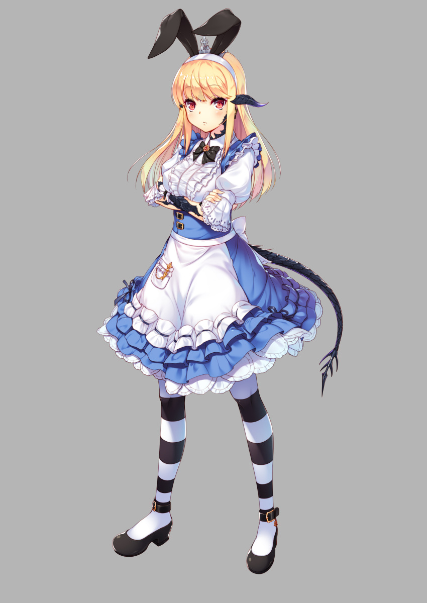 1girl absurdres alice_(wonderland) alice_(wonderland)_(cosplay) alice_in_wonderland animal_ears au_ra blonde_hair closed_mouth cosplay crossed_arms dragon_horns dragon_tail dress final_fantasy final_fantasy_xiv frilled_dress frills grey_background hairband highres horns long_hair looking_at_viewer rabbit_ears red_eyes saika_crimson scales simple_background solo standing striped striped_legwear tail tiara