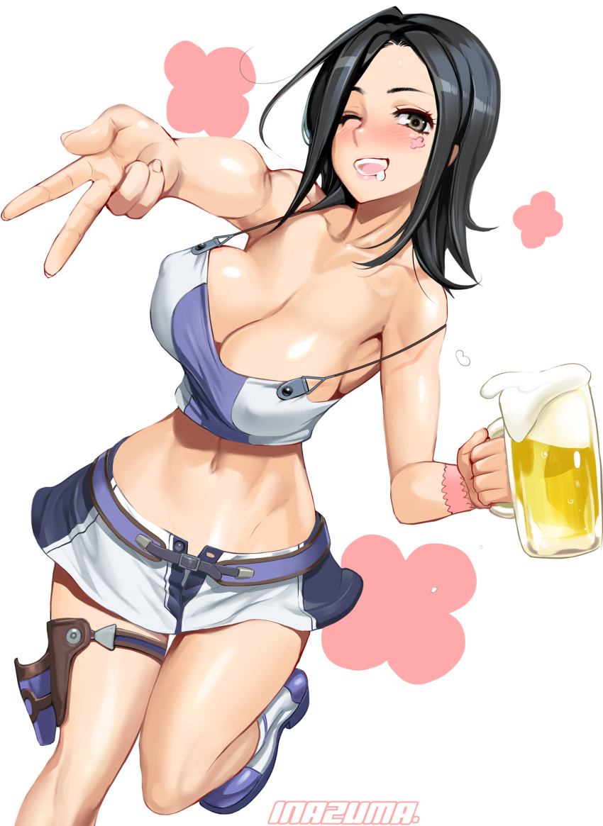 1girl alcohol beer black_hair blush bouncing_breasts breasts collarbone commentary_request crop_top cup drinking_glass drooling drunk erect_nipples eureka_seven eureka_seven_(series) eyebrows_visible_through_hair grey_eyes highres large_breasts looking_at_viewer midriff navel no_bra one_eye_closed open_mouth outstretched_arms satou_shouji shiny shiny_hair shiny_skin shoes short_hair simple_background skirt solo standing standing_on_one_leg strap_slip talho_yuuki tattoo thigh_strap white_background