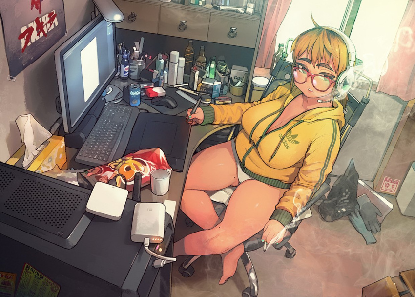 1girl adidas ahoge akira barefoot blonde_hair bottle box breasts can cardboard_box chair cigarette cigarette_box cleavage collarbone commentary computer computer_keyboard computer_mouse cup desk desk_lamp drawing_tablet glasses headset hood hoodie lamp large_breasts looking_away messy_room mole mole_on_thigh monitor mug multicolored_hair nail_polish office_chair open_mouth original panties plump poster_(object) red-framed_eyewear short_hair sitting smoke smoking thick_eyebrows thick_thighs thighs thomas_hewitt tissue_box underwear white_panties window work_gloves