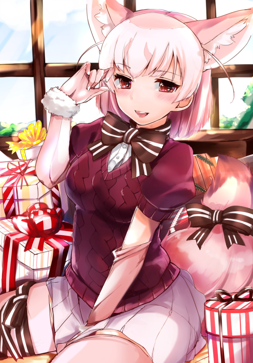 1girl adapted_costume animal_ears between_legs blush bow bowtie box brown_bow brown_neckwear elbow_gloves extra_ears eyebrows_visible_through_hair fennec_(kemono_friends) fox_ears fox_tail fur_trim gift gift_box gloves hand_between_legs hand_up heart heart-shaped_pupils highres kemono_friends kinou_no_shika looking_at_viewer miniskirt pleated_skirt short_sleeve_sweater short_sleeves sitting skirt smile solo sweater symbol-shaped_pupils tail tail_bow thigh-highs thigh_bow thigh_strap white_skirt