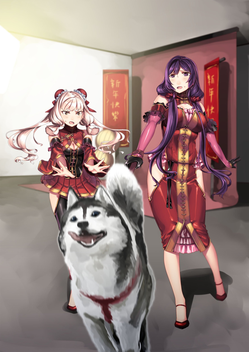 2girls absurdres breasts chinese_clothes chinese_new_year cleavage cleavage_cutout detached_sleeves dog double_bun female_admiral_(kantai_collection) hiememiko highres husky kantai_collection low_twintails multiple_girls murakumo_(kantai_collection) purple_hair twintails violet_eyes white_hair yellow_eyes