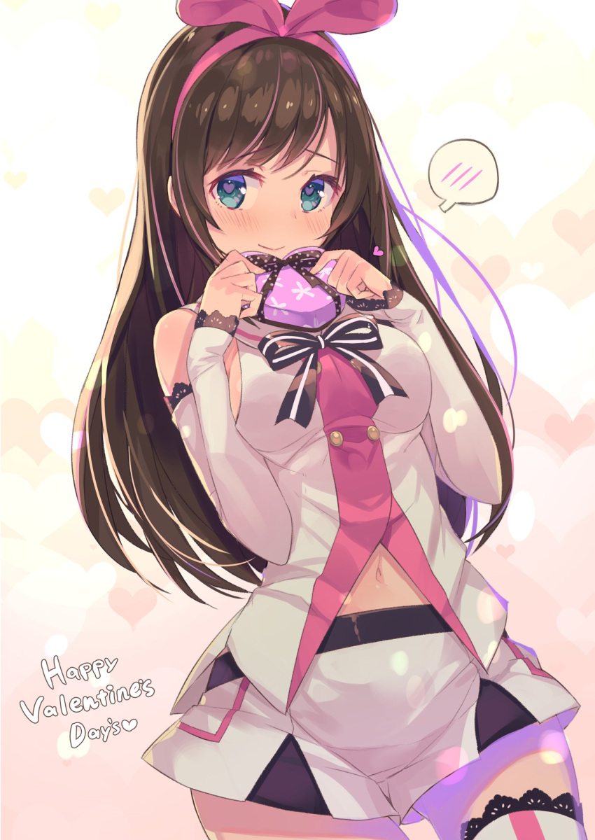 1girl a.i._channel bare_shoulders blue_eyes blush boots brown_hair cowboy_shot detached_sleeves eyebrows_visible_through_hair hair_ribbon happy_valentine heart heart-shaped_pupils highres kizuna_ai long_hair looking_at_viewer pink_ribbon ribbon smile solo symbol-shaped_pupils tam-u thigh-highs thigh_boots valentine