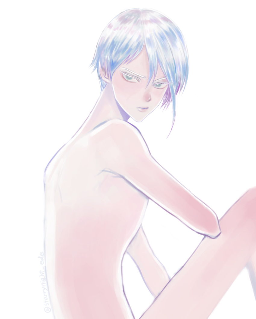 androgynous antarcticite back frown grey_eyes highres houseki_no_kuni looking_at_viewer nude short_hair sitting solo white_background white_hair