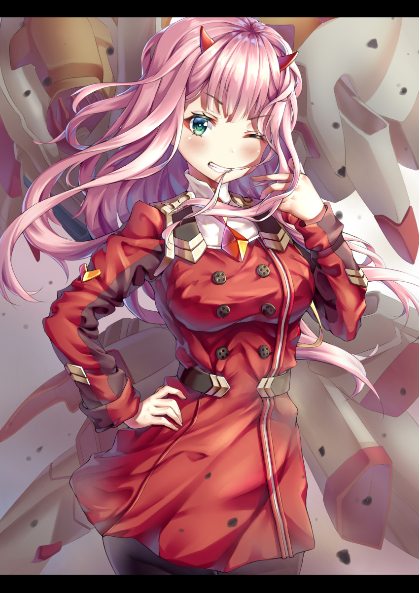 1girl ;d absurdres armor bangs black_legwear blush breasts coat cowboy_shot darling_in_the_franxx debris double-breasted eyebrows_visible_through_hair gradient gradient_background green green_eyes hair_in_mouth hand_on_hip highres horns letterboxed long_hair long_sleeves looking_at_viewer mecha medium_breasts military military_uniform one_eye_closed open_mouth pantyhose pink_hair red_coat shoulder_armor smile solo standing teeth uniform v-shaped_eyebrows xi_zhujia_de_rbq zero_two_(darling_in_the_franxx)