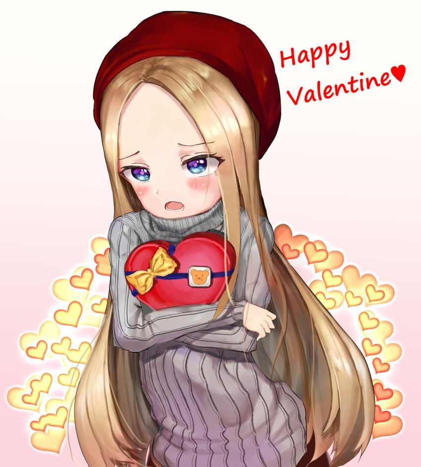 1girl abigail_williams_(fate/grand_order) alternate_costume bangs beret blonde_hair blue_eyes blush bow commentary eyebrows_visible_through_hair fate/grand_order fate_(series) forehead gradient gradient_background grey_sweater happy_valentine hat heart heart-shaped_box highres long_hair long_sleeves object_hug open_mouth parted_bangs pink_background red_hat ribbed_sweater solaris_(sinhyg) solo sweater very_long_hair white_background yellow_bow