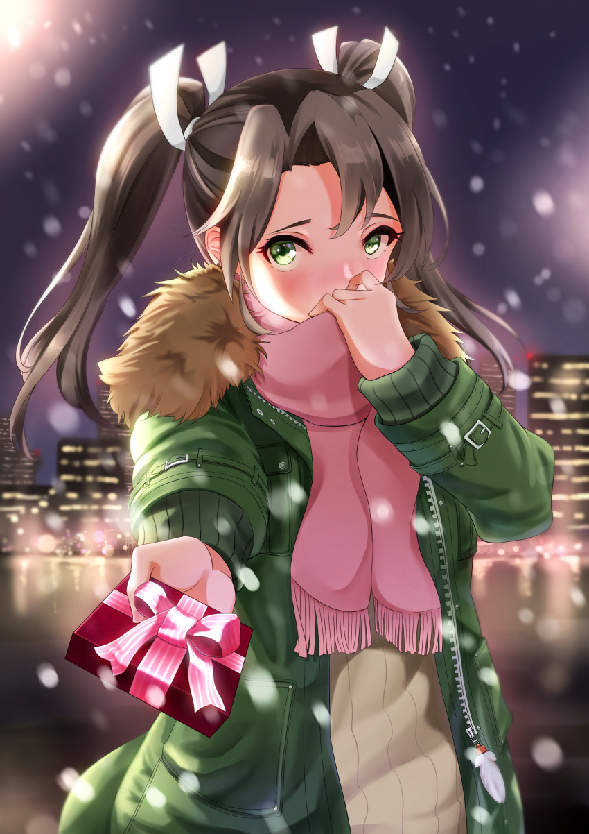 1girl absurdres alternate_costume blush box breast_pocket brown_hair brown_sweater bulge cityscape coat fringe fur-trimmed_coat fur_trim gift gift_box green_coat green_eyes hair_ribbon heart_in_eye highres holding holding_box holding_gift kantai_collection long_sleeves looking_at_viewer motion_blur night night_sky nose_blush open_clothes open_coat outdoors outstretched_arm pink_ribbon pink_scarf pocket pov ribbon sakurahuji-iro scarf scarf_over_mouth sky snowing solo striped valentine vertical_stripes white_ribbon winter zuikaku_(kantai_collection)